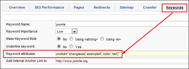 RSSeo! keyword attributes - javascript